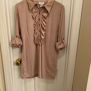 Soft Surroundings Ruffle pintuck button roll tab tunic top blouse feminine pink